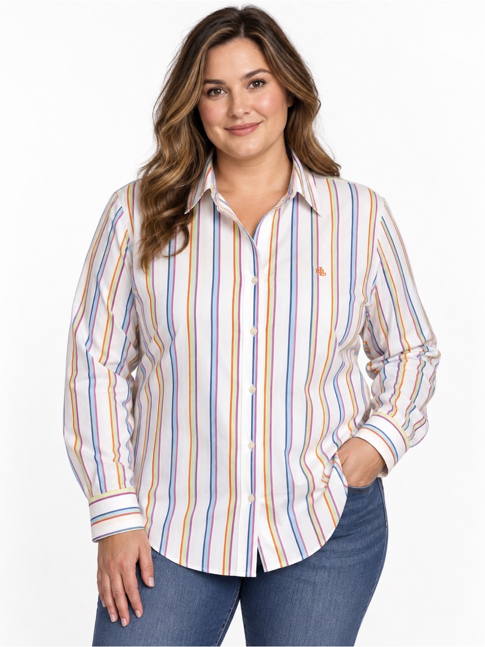 Lauren Ralph Lauren Women's 1X Multicolor Stripe Button Down Shirt Cotton
